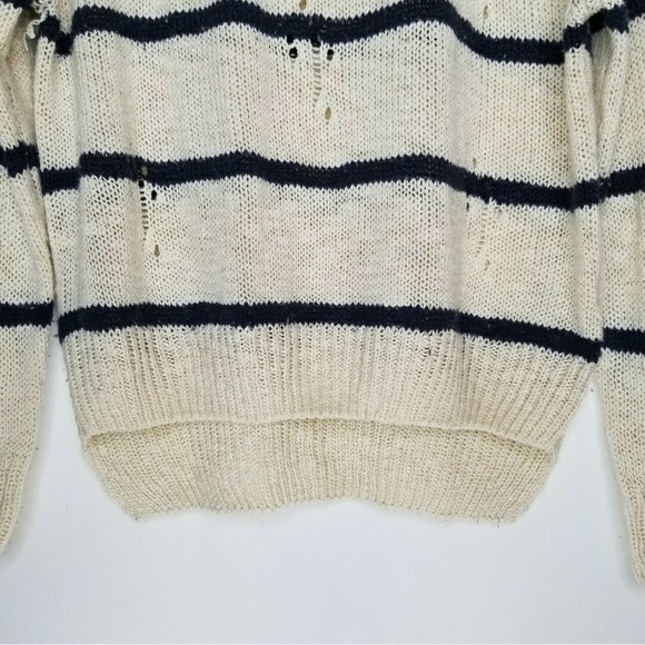 HIPPIE LOVE College Ruled Distressed Cotton Sweater Women Sz M Navy Ivory Stripe - Picture 6 of 11